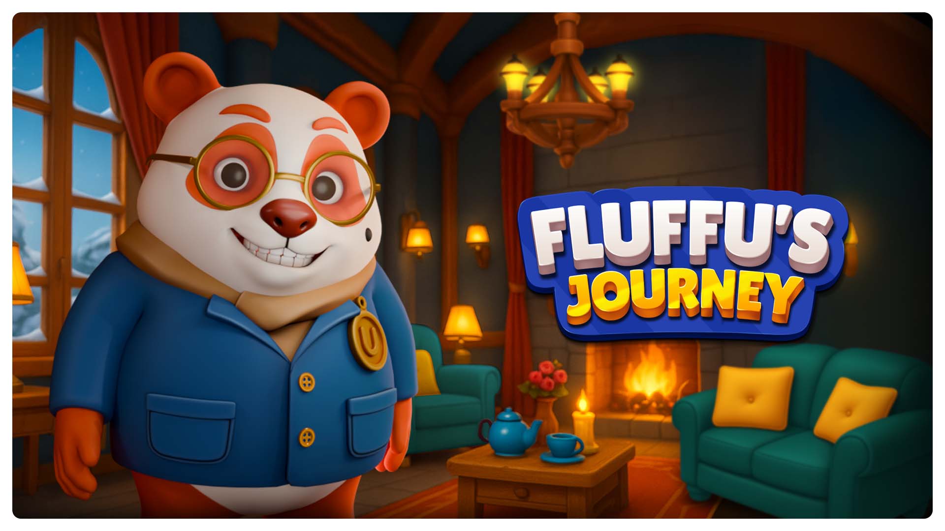 Fluffu's Journey artwork showing Fluffu™ inside a cozy mountain lodge